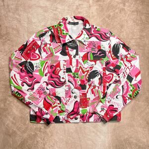 Vintage Y2K Mechant Graphic Print Euro Jacket Women Love is Multicolor Pop Art